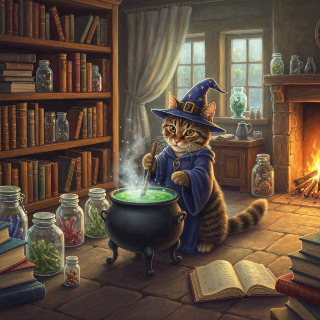 Wizard Cat Brewing Potion in Cozy Kitchen
