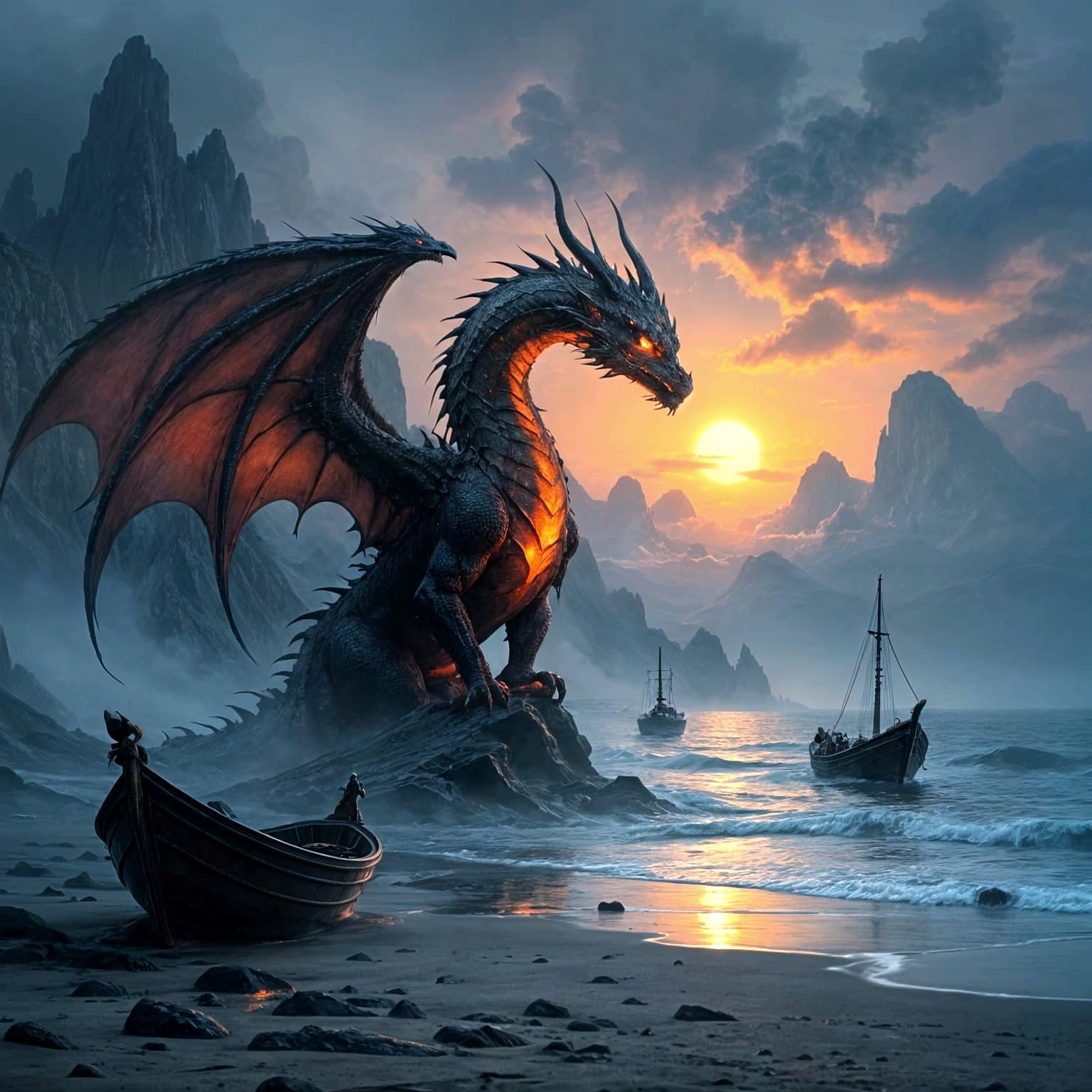 Molten Lava Dragon on Foggy Beach at Twilight