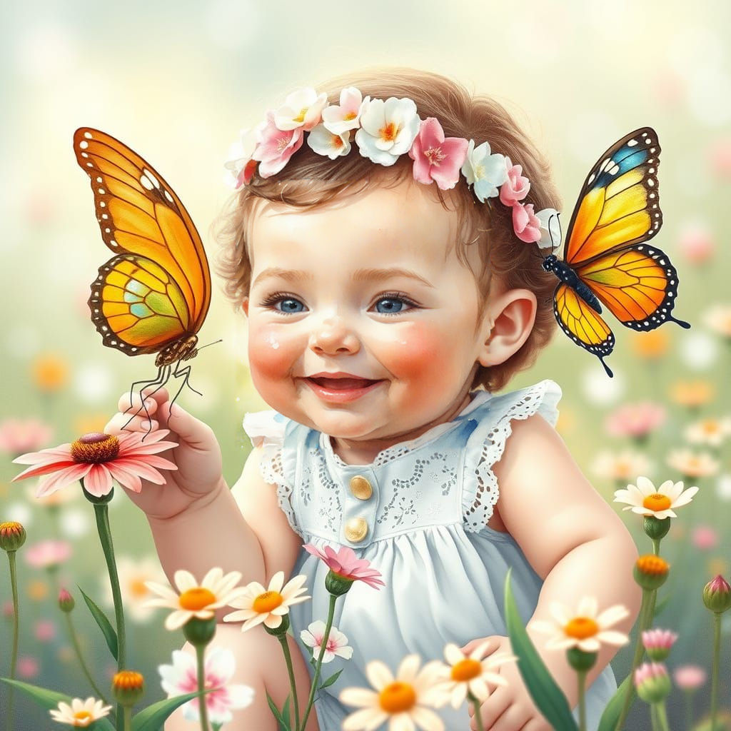 Baby Smiles at Butterfly in Vibrant Watercolor Landscape