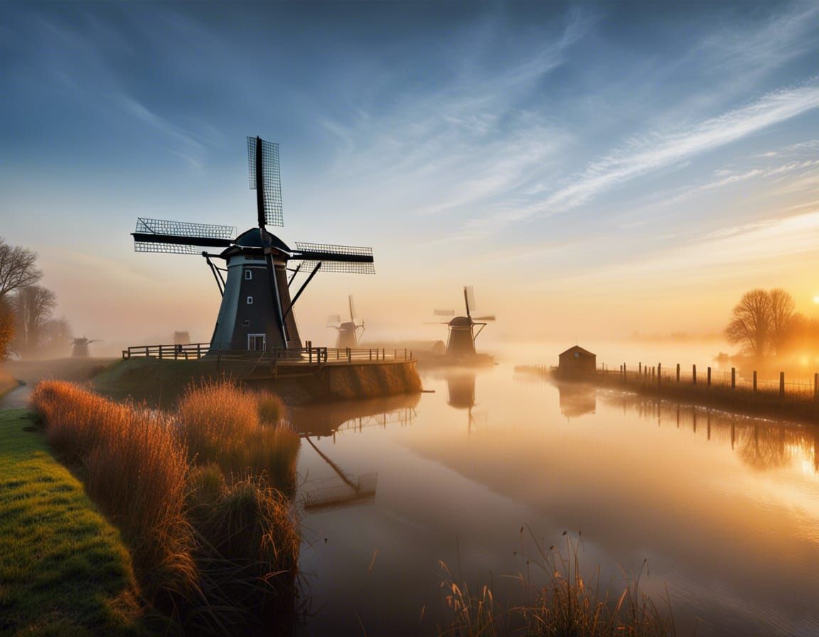 Misty Sunrise Over Classic Dutch Windmills