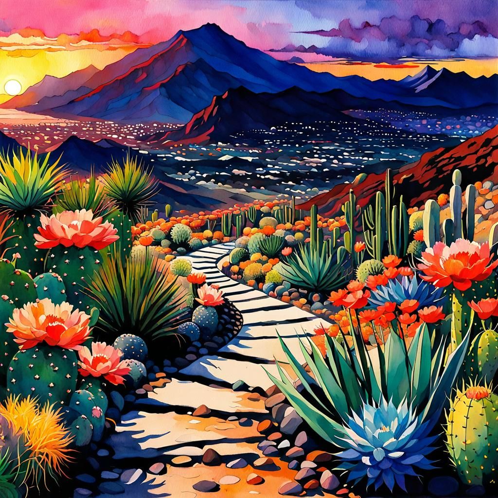 Cactus Garden Sunset: Vibrant Watercolor and Ink Illustratio...