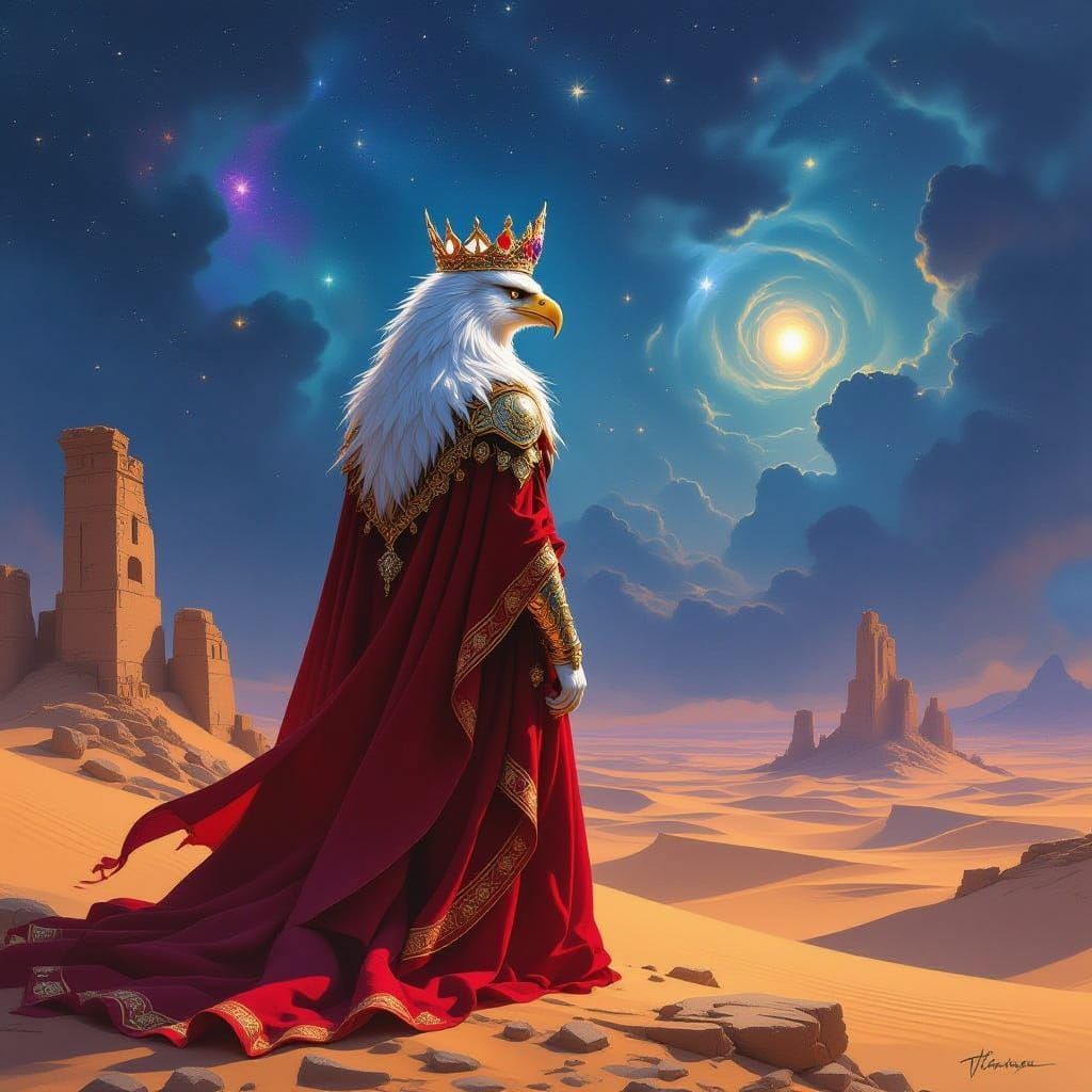 Majestic Griffin in Crimson Robes Surveys Starlit Desert
