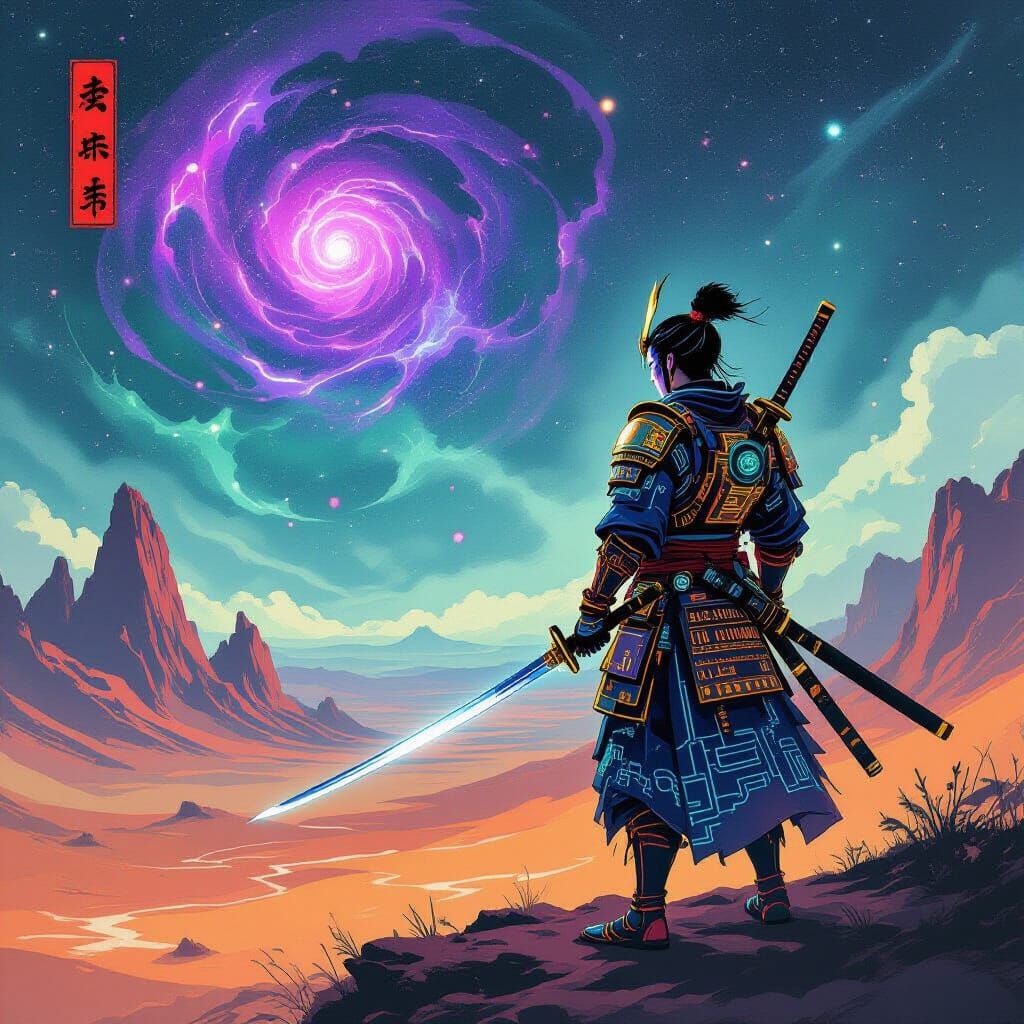 Samurai Warrior on Alien Cliff Overlooking Nebula Sky