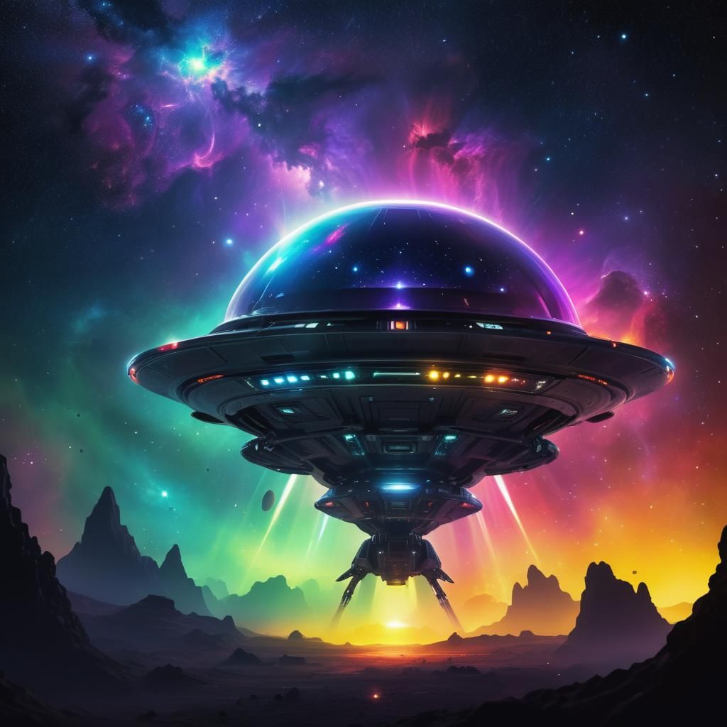 Luminous Metallic UFO Shines in Space