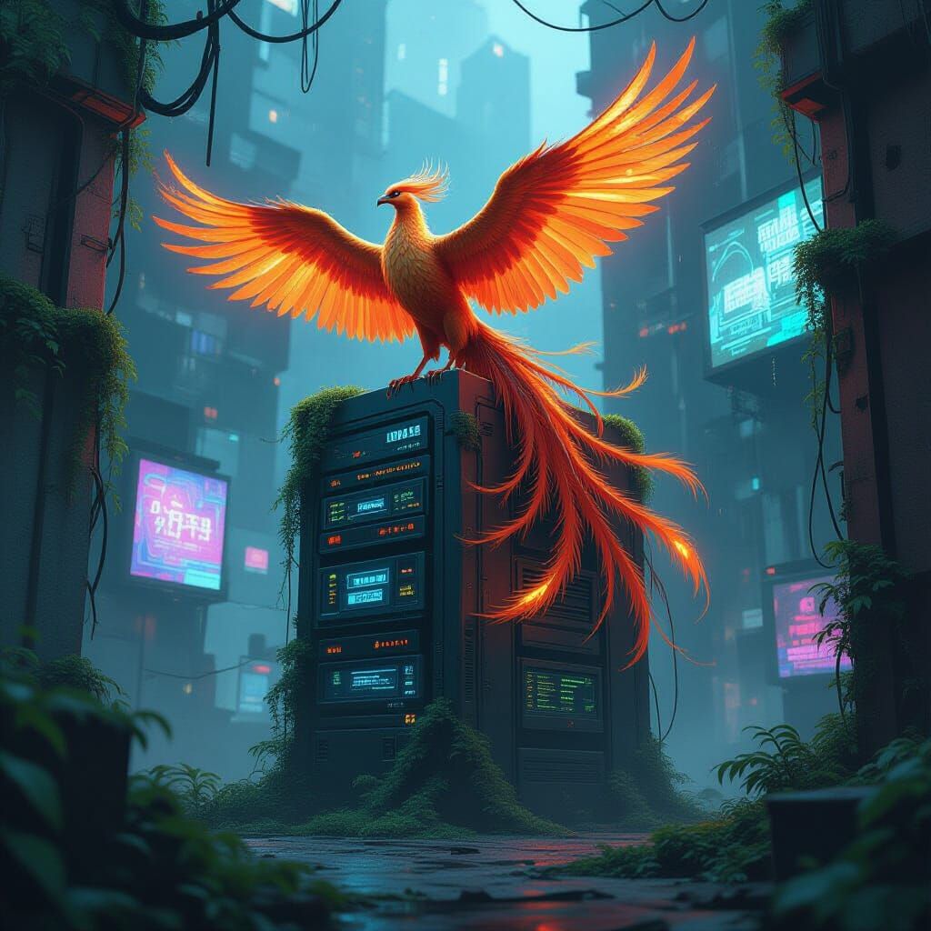 Bioluminescent Phoenix on Overgrown Data Server