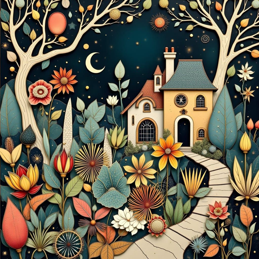 Whimsical Botanical Village Amidst Vibrant Floral Garden