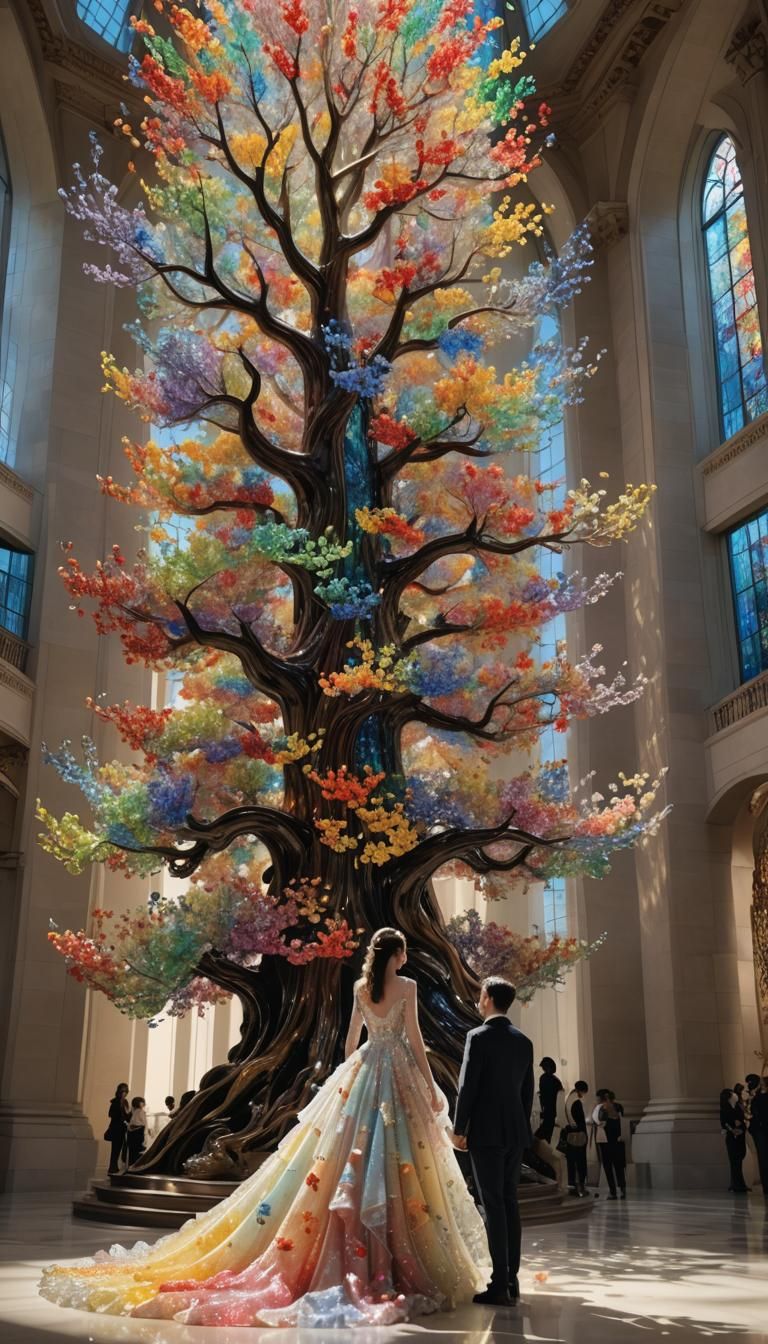 a person standing in front of a rainbow glass tree, alexande...