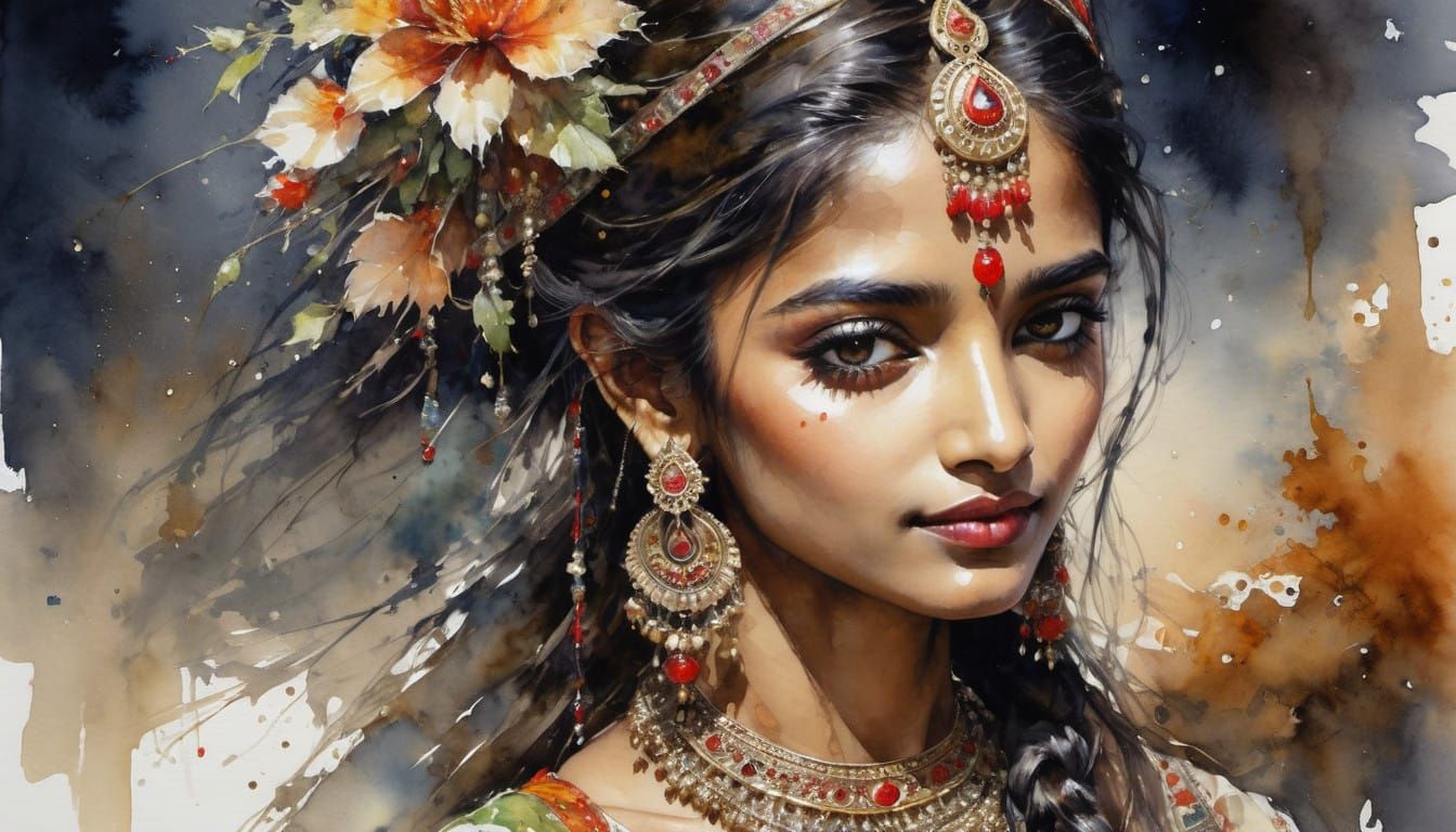 Ethereal Watercolor Portrait of Indian Beauty in Moonlight