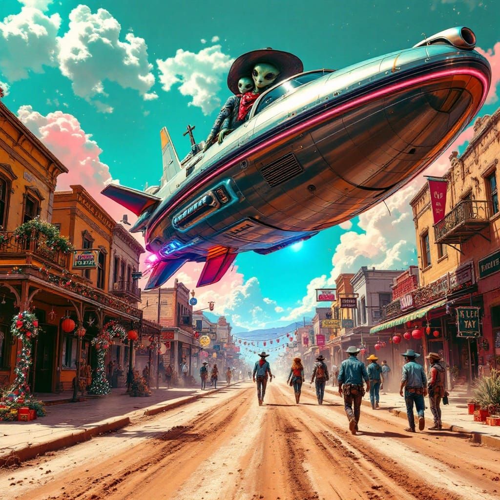 Aliens Arrive in Wild West Starship, Digital Illustration