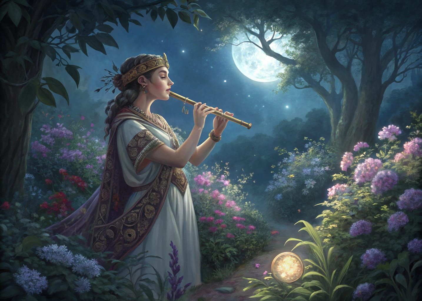 Teenage Sorcerer Plays Flute in Moonlit Garden