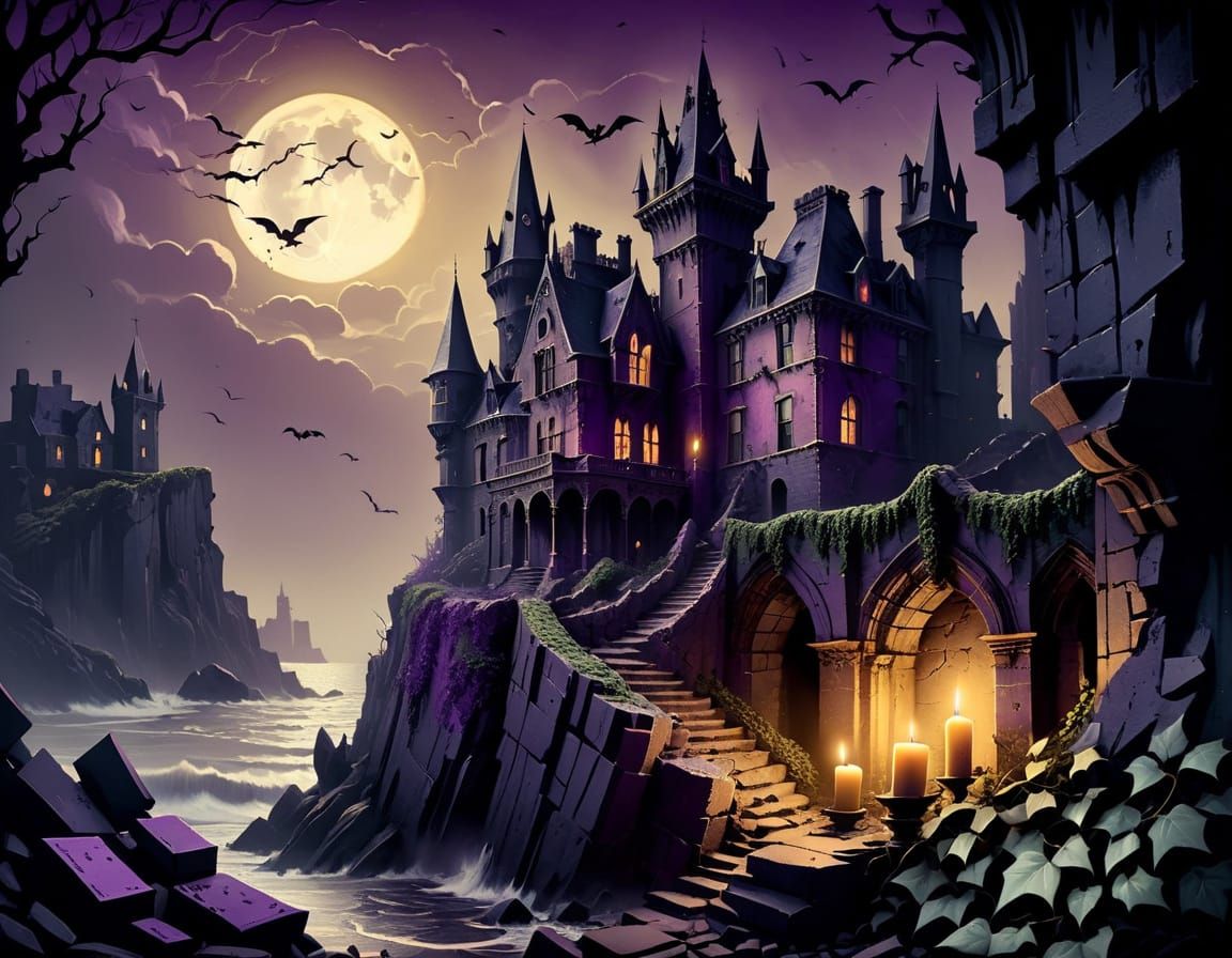 Gothic Castle Falls into the Sea in Dark, Muted Colors