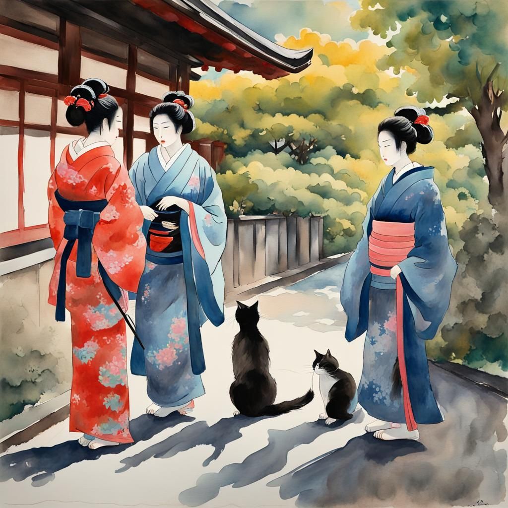 Samurai and Geishas in Gouache Style