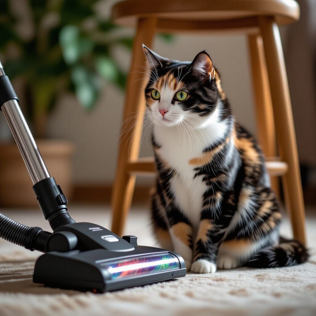 Calico Cat Stares Down Vacuum Cleaner