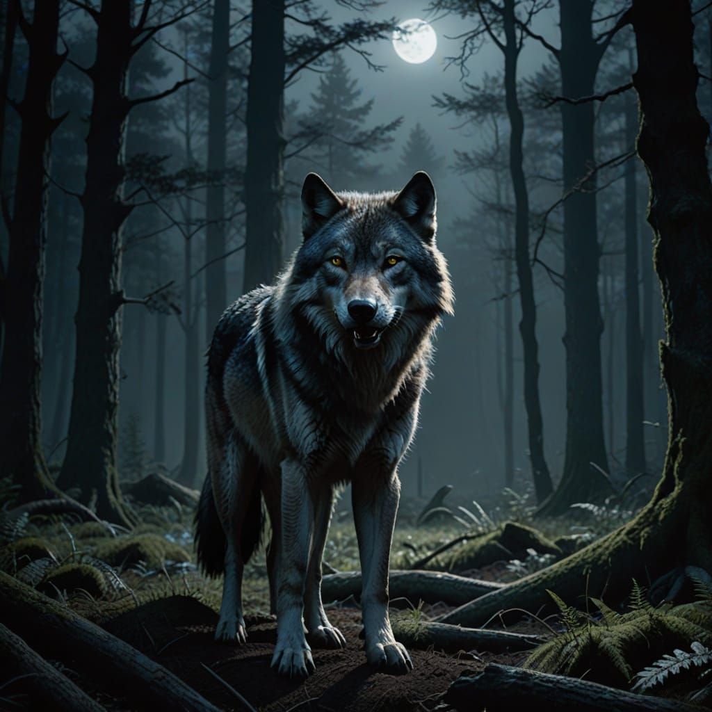 Hyper-Realistic Wolf in Dark Forest Glade