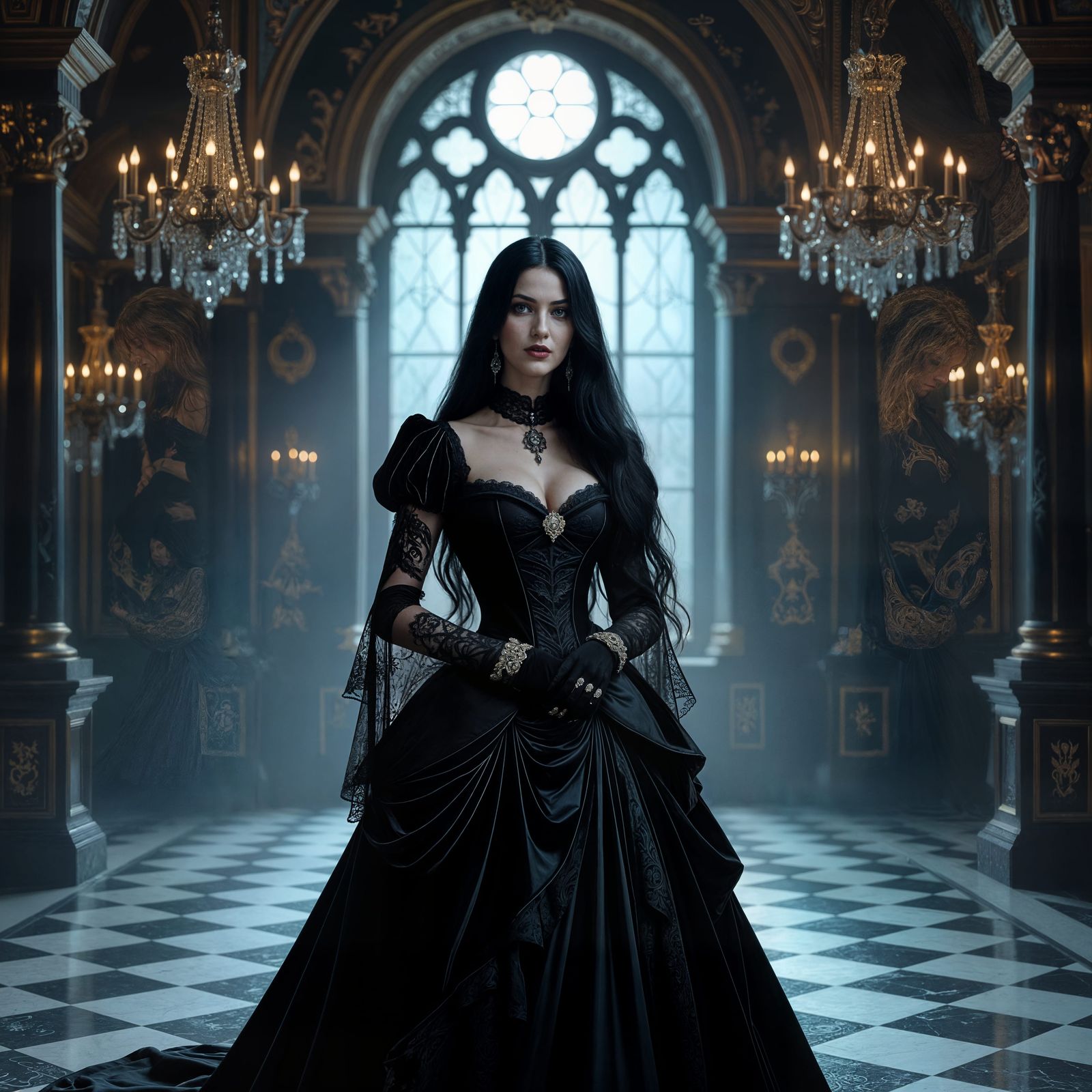 Victorian Goth Woman in Ornate Ballroom