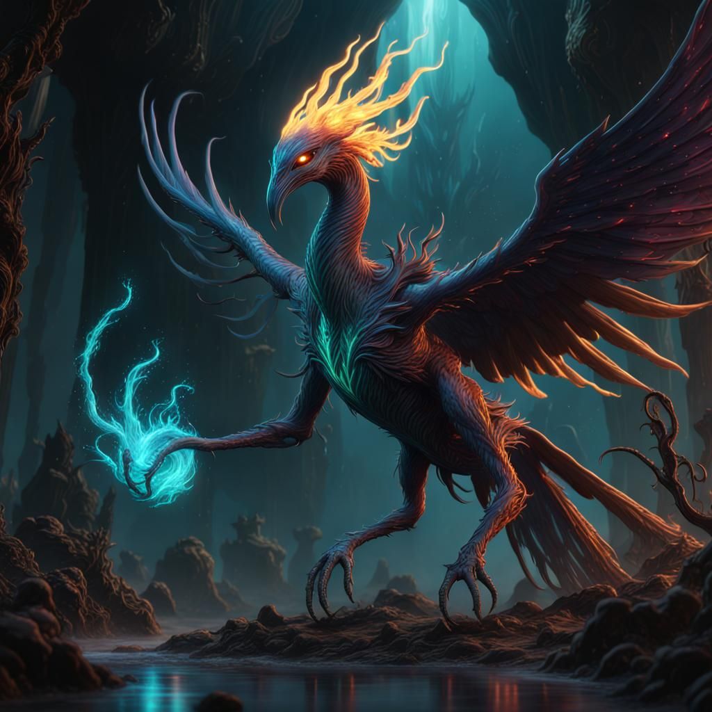 Bioluminescent Alien Phoenix: Detailed Matte Painting