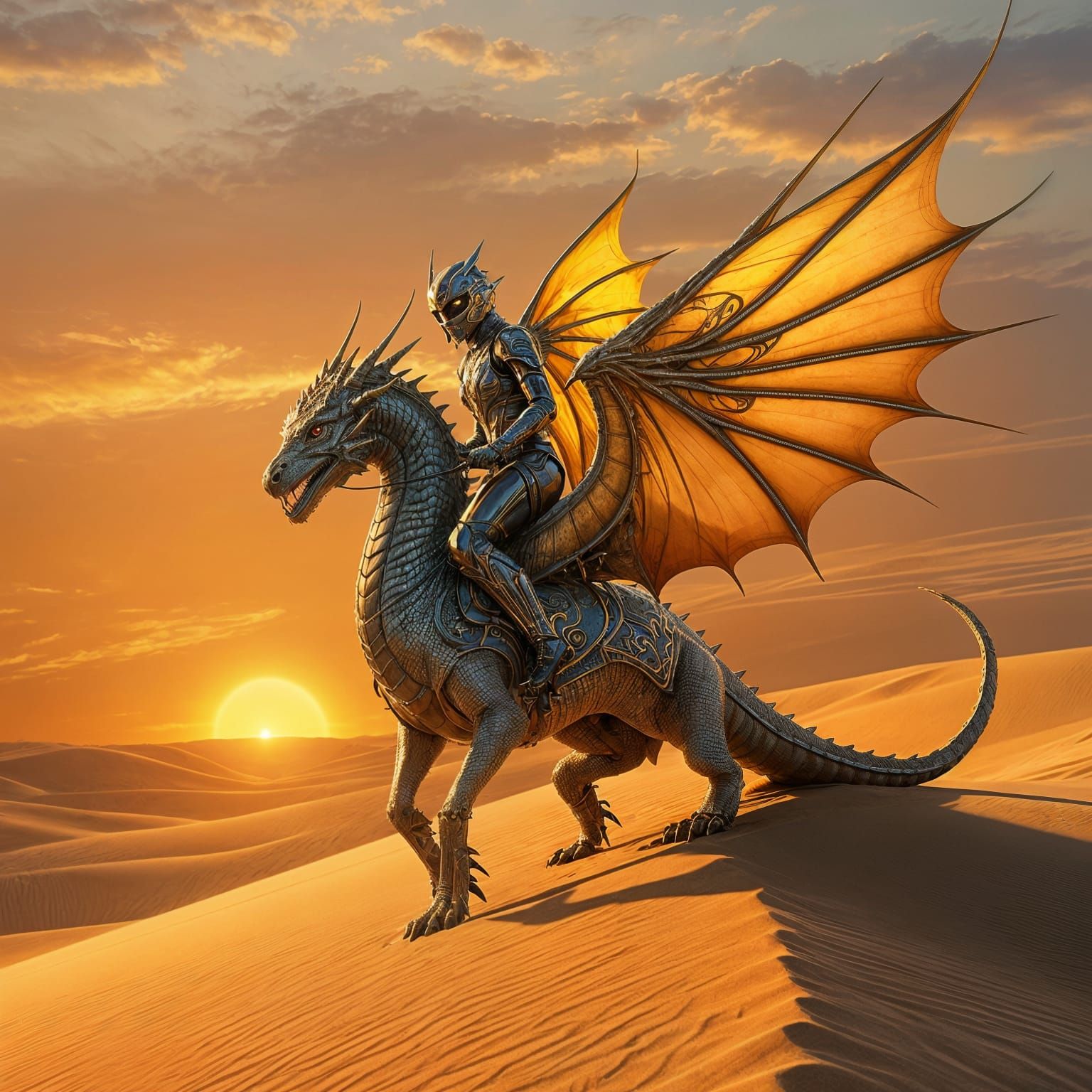 Cyber Hunter Soars Across Sunset Sands on Shimmering Dragon