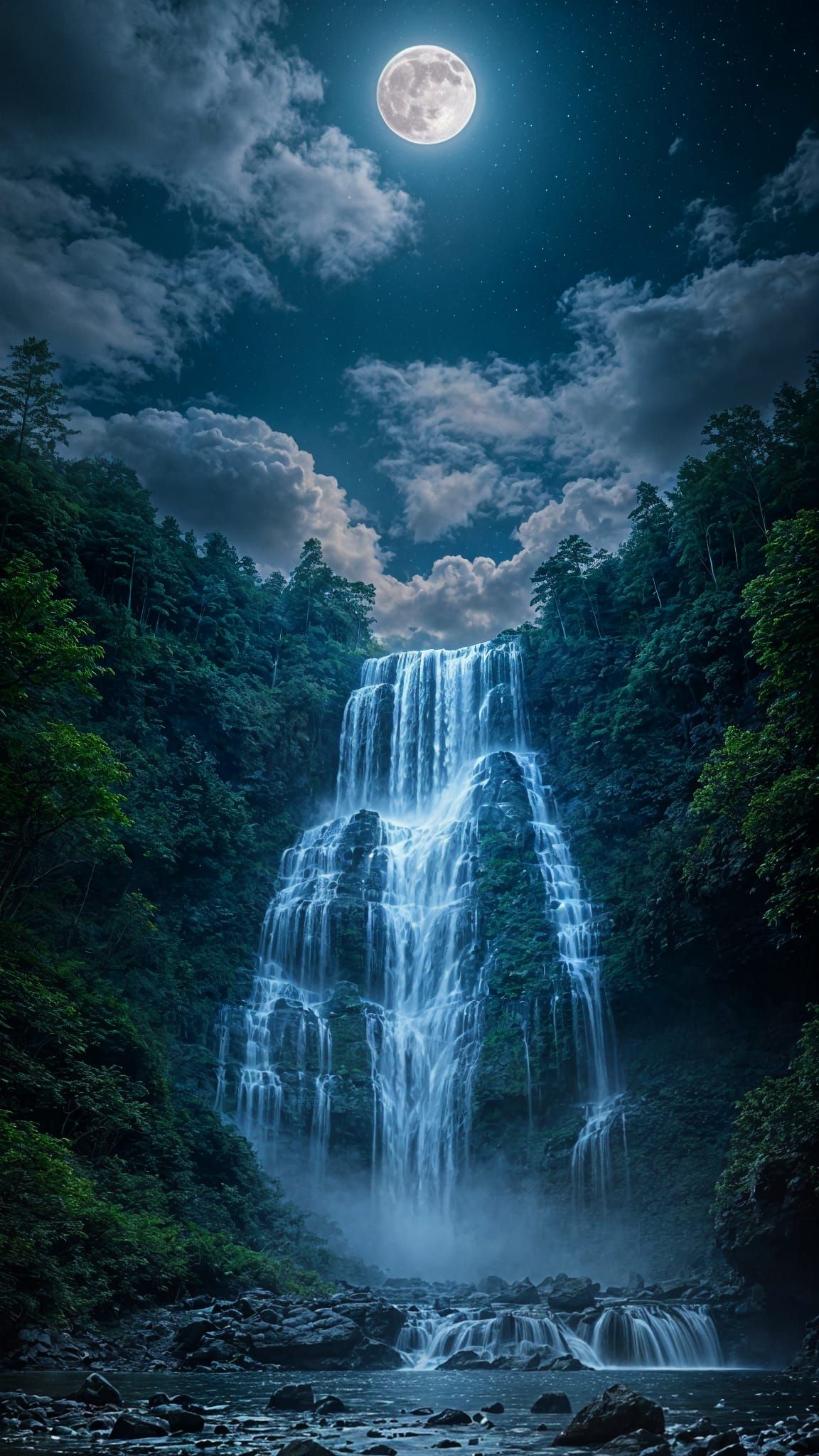 Mystical Forest Waterfall Illuminated by Moonlight