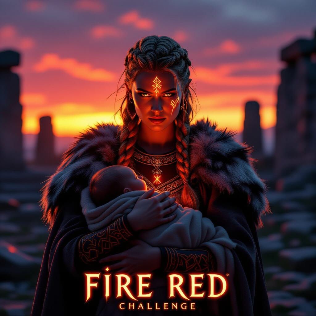 Viking Shieldmaiden and Child in Firelight