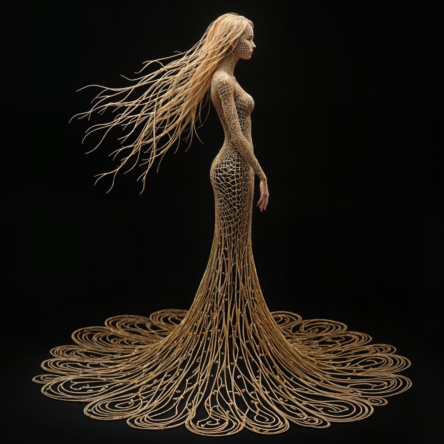 Surreal Woman in Gilded Gown Wire Art