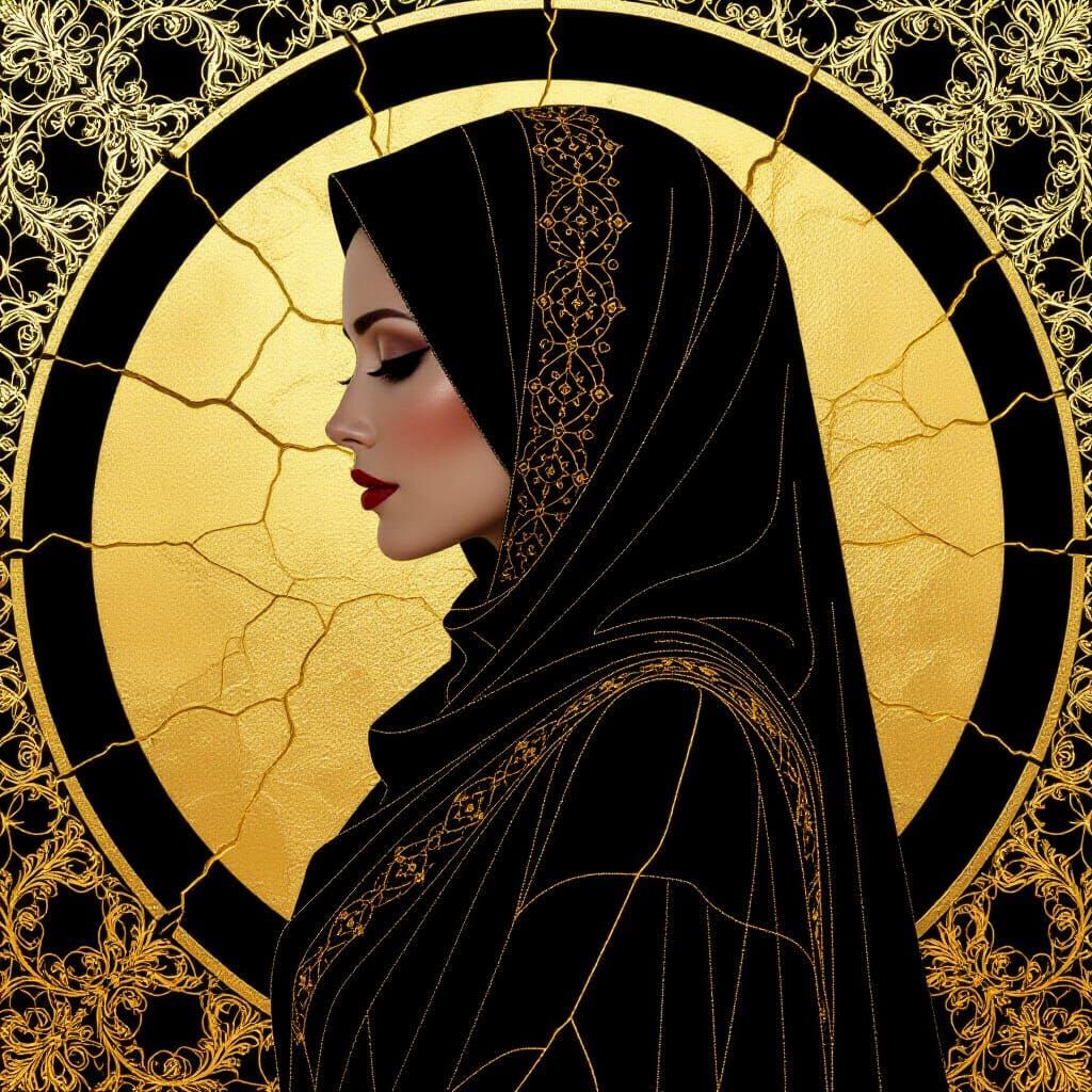 Golden Silhouette in Kintsugi-Inspired Futuristic Style