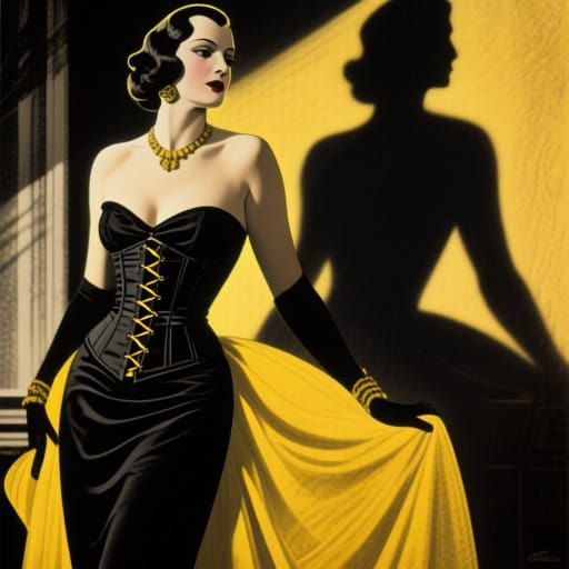 Elegant Exotic Woman in Yellow and Black Corseted Dress
