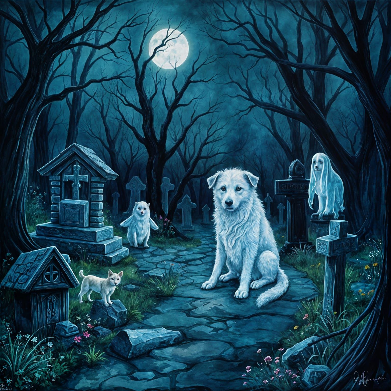 Mysterious Pet Cemetery in Gouache Style