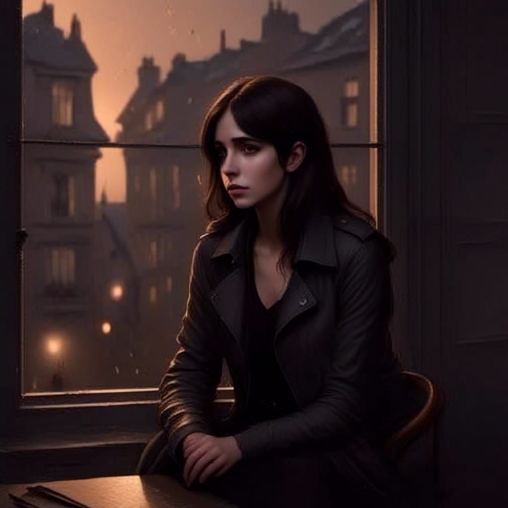 Melancholy Woman Watching Rain at Window