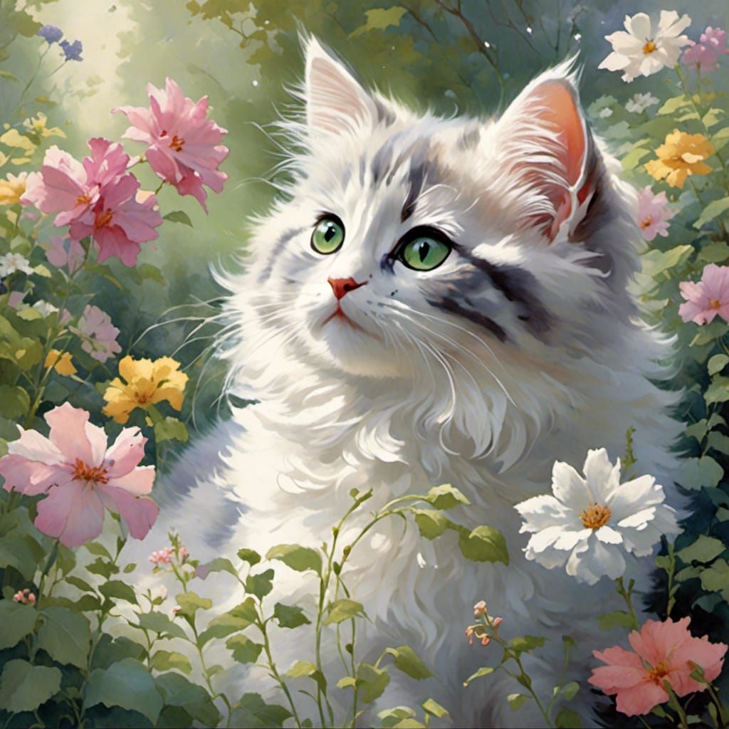 Kitten's Fantasy Garden in Kinkade Style