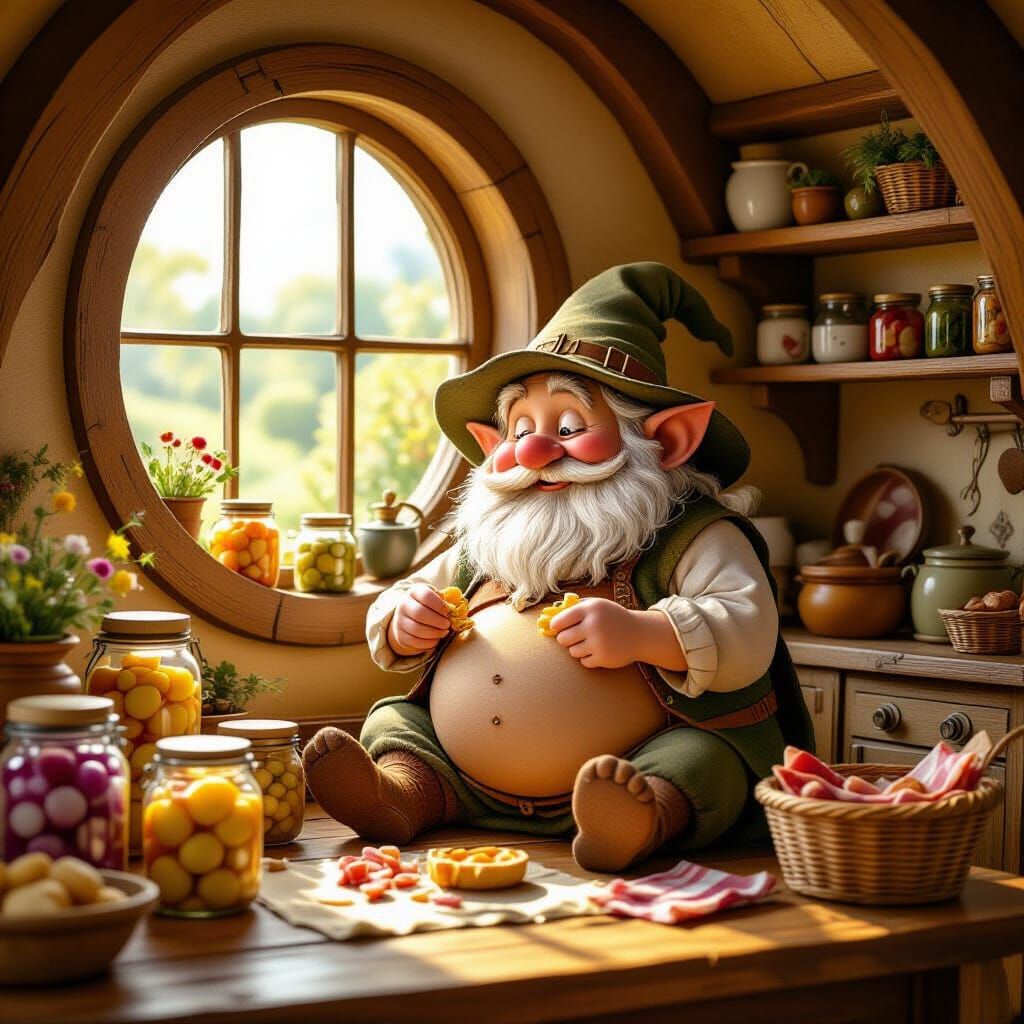 Hobbit Assembling Second Breakfast Meal Kits in Cozy Kitchen