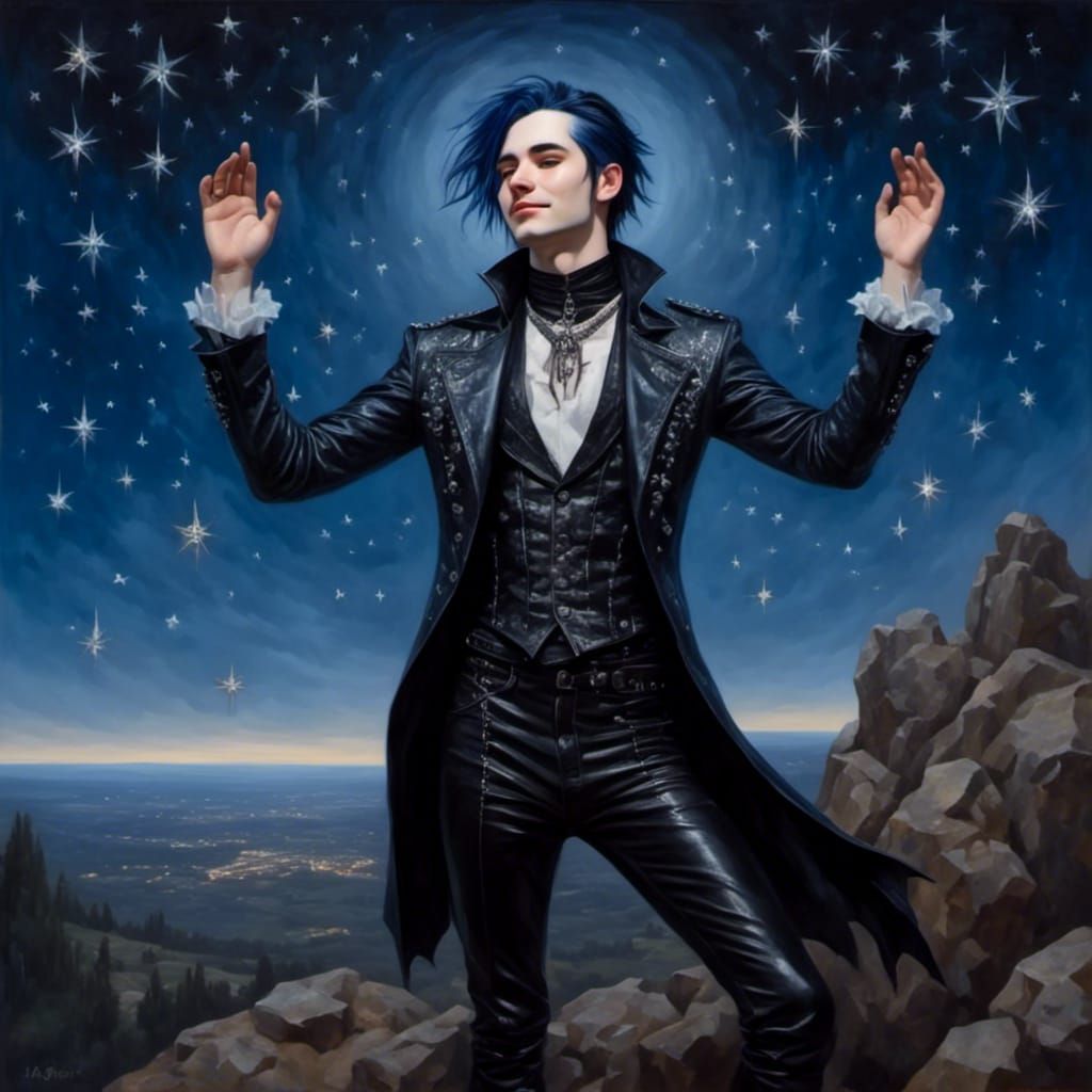 Happy Goth Punk Man Under Starry Sky