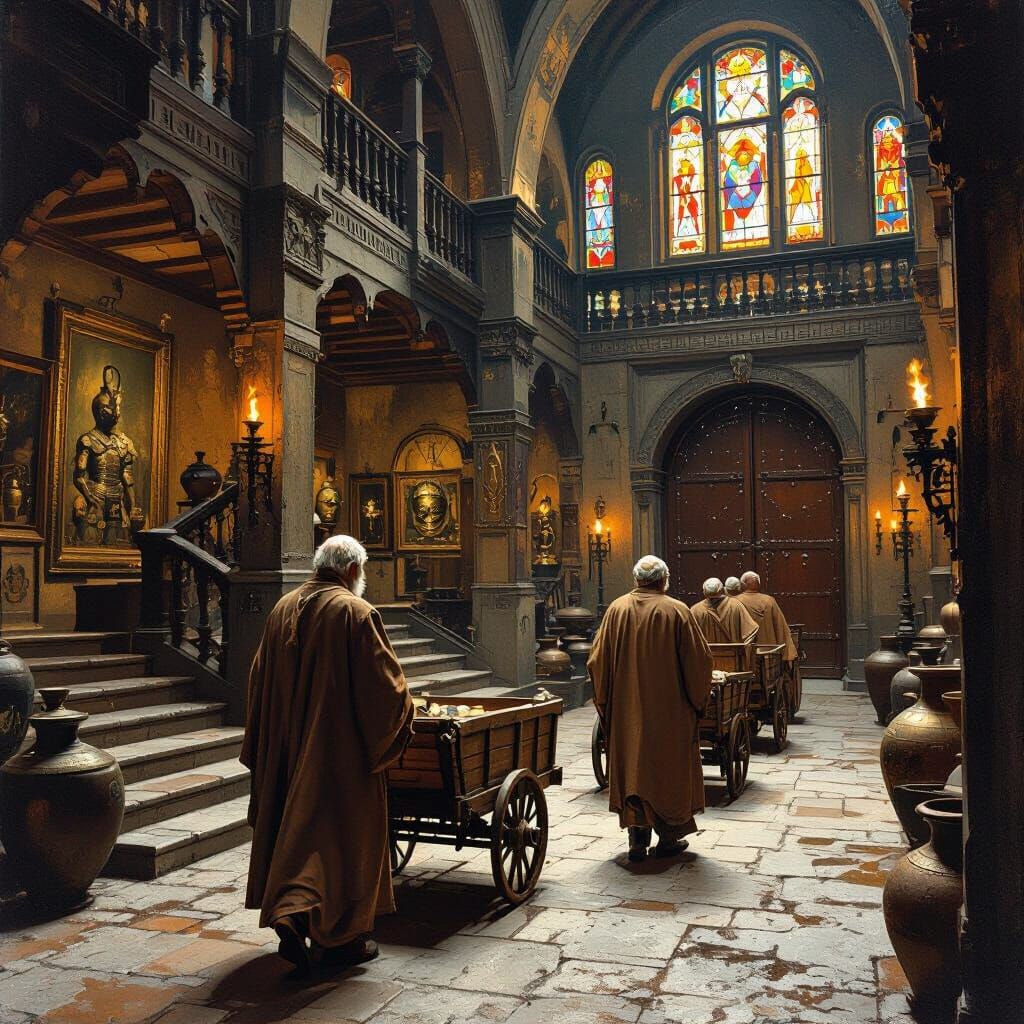 Museum Scene with Golden Light, in Dark Fantasy Style