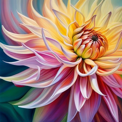 Dahlia (Dahlia spp.) bright and iridescent sparkle flowers, sunshine, heavy strokes, paint dripping, bright lighting, St...