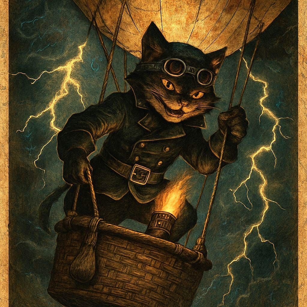 Steampunk Cat Pilots Balloon Through Storm