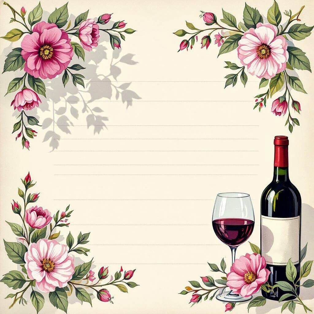 Lined Paper with Wine and Botanical Art