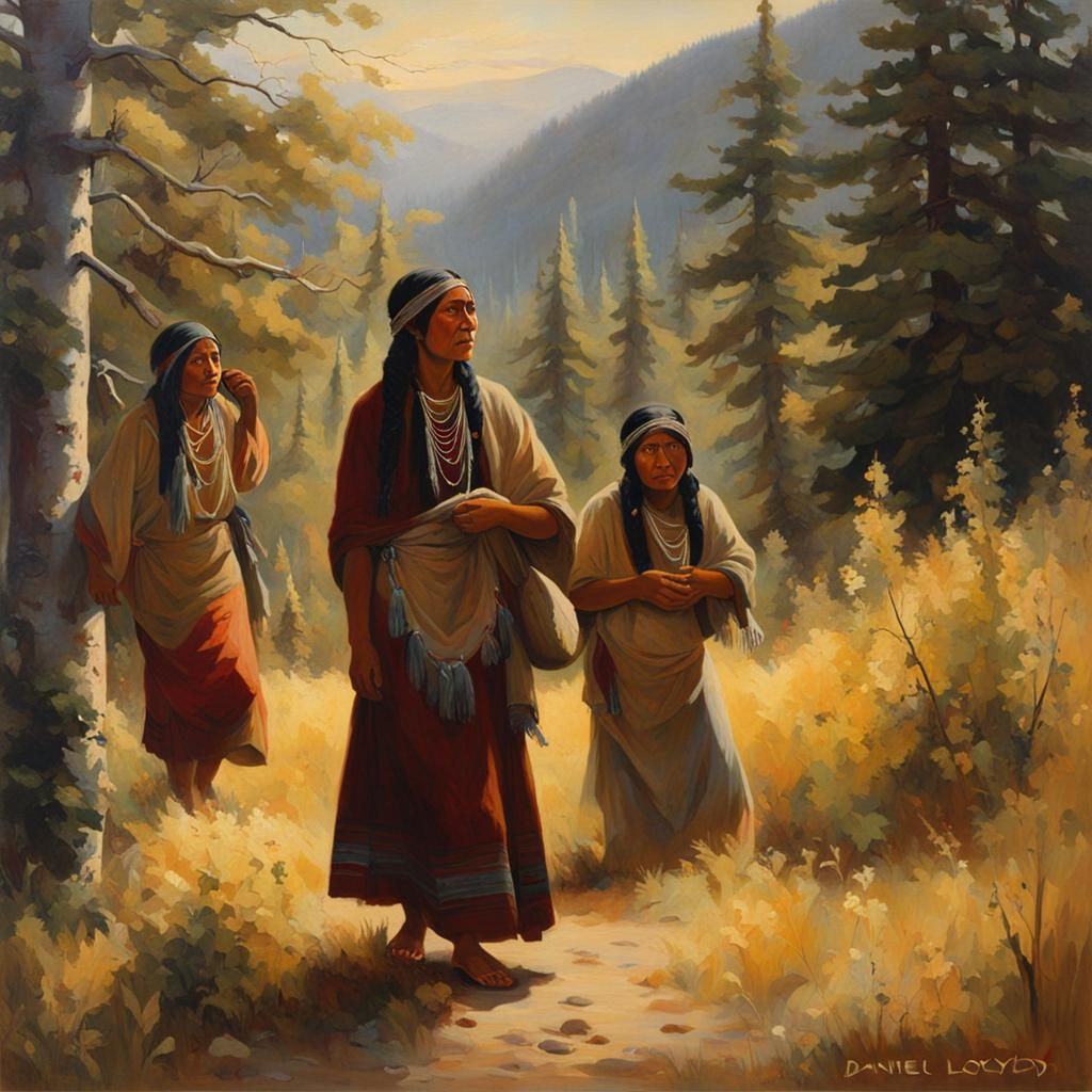 Native American Women Gathering Berries, Oil Painting
