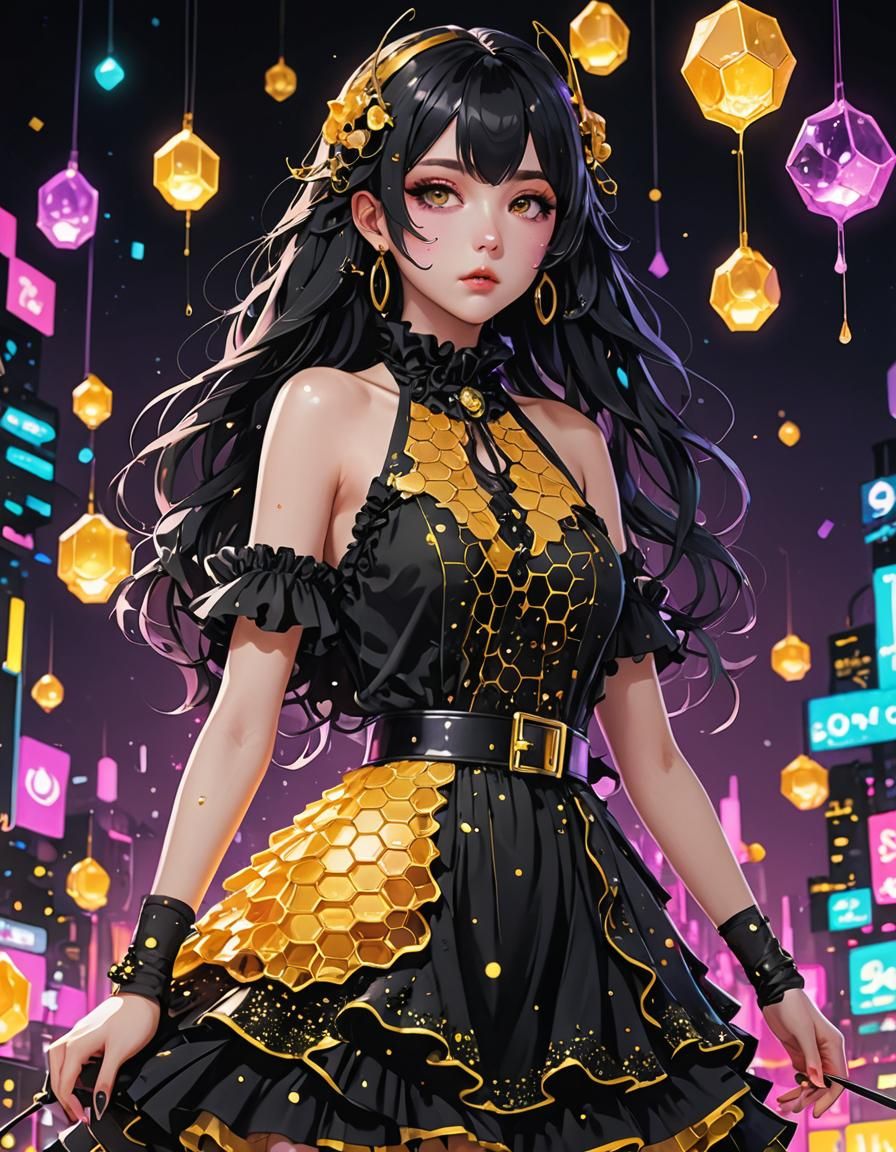 Pastel Goth Dress with Ink and Honeycomb, 3D Anime Art