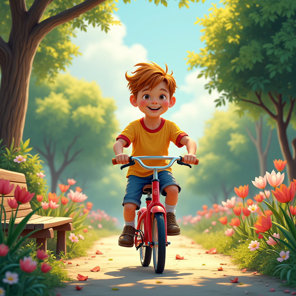 Boy Rides Red Bike Through Flower Garden