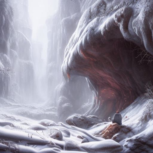 Hyperrealistic Man Praying in Snowy Cave