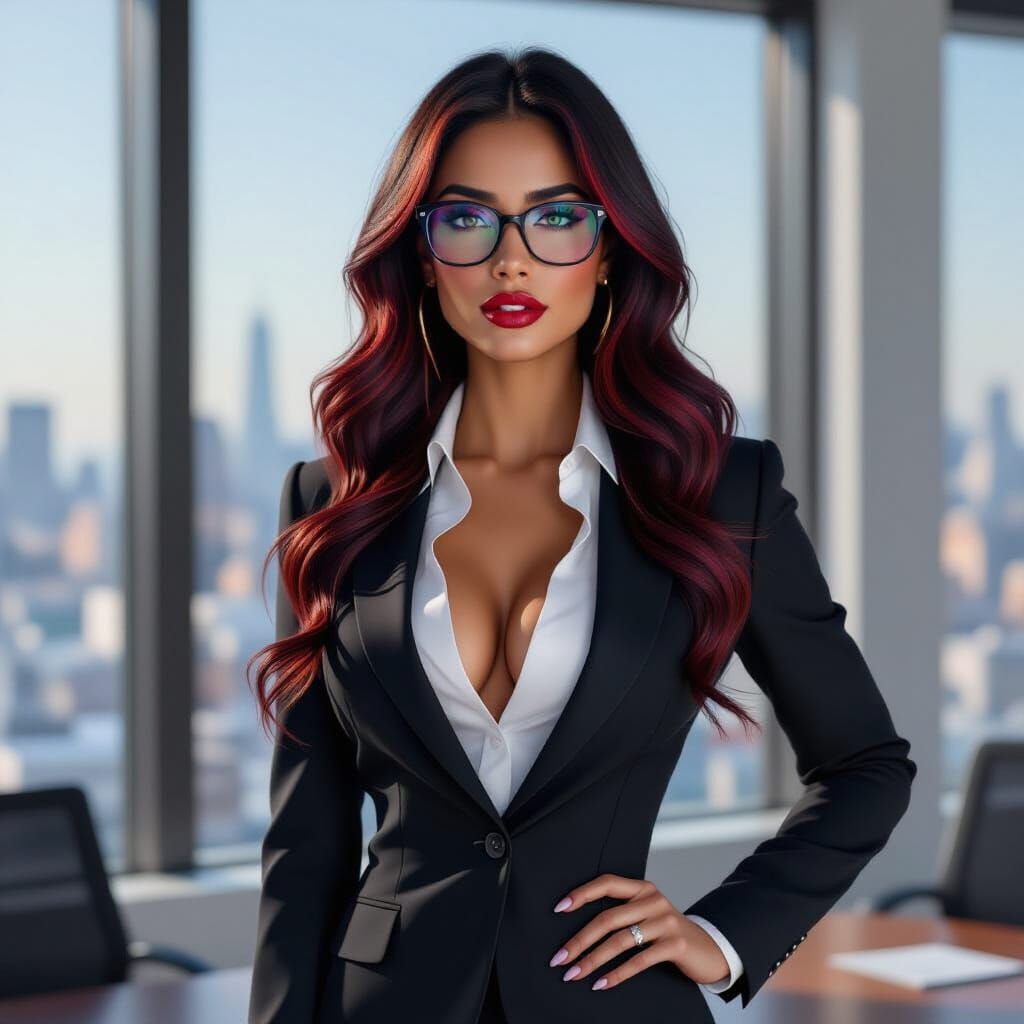 Hyperrealistic Latina Woman in Office Meeting
