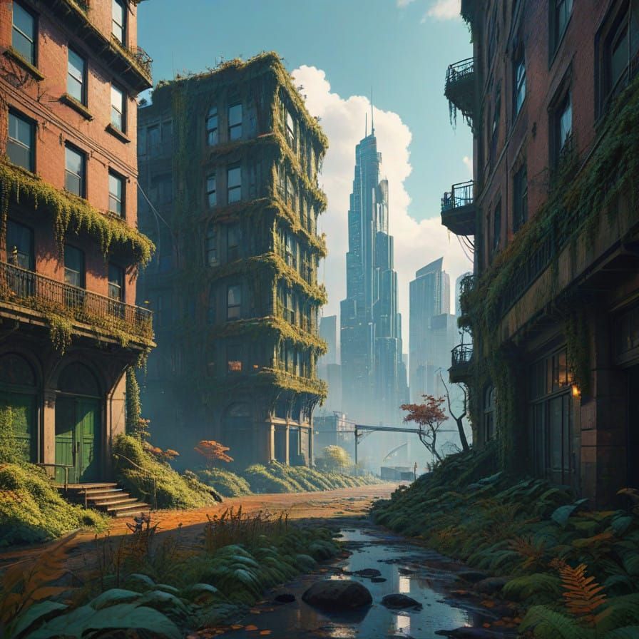 Abandoned Autumn Cityscape in a Fantastical, Matte Painting...