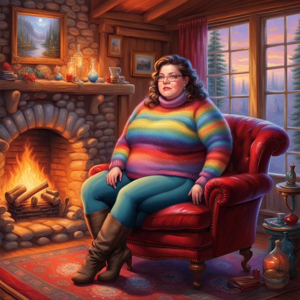 Cozy Woman in Cabin by Fireplace, Ethereal Fantasy