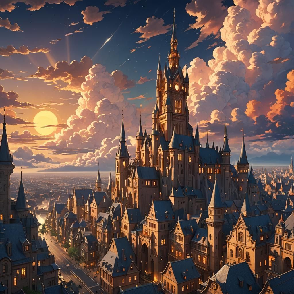 Fantasy City at Night in Studio Ghibli Style