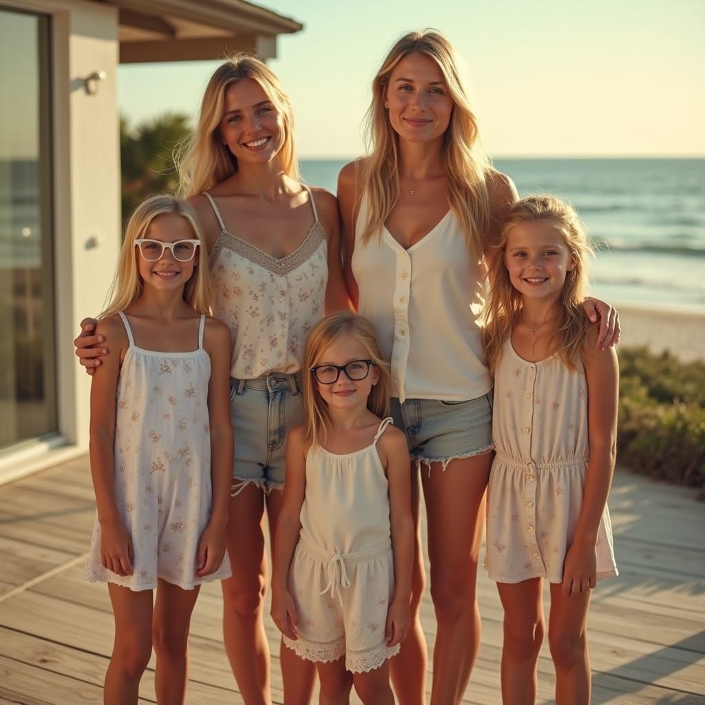 Blonde Mothers and Daughters on Beachside Patio in Cinematic...