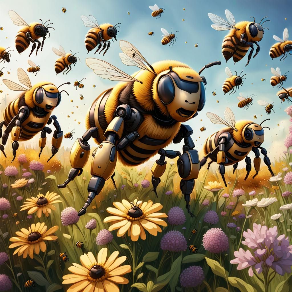 A huge swarm of robots in the form of bees flies over a flowering meadow, there is a beehive in the meadow labeled "hone...