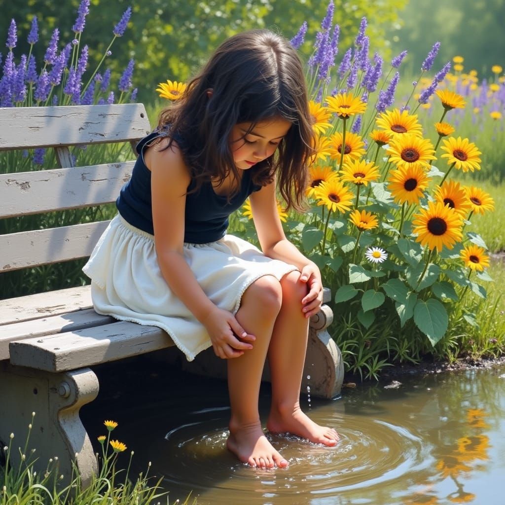 Girl Washing Feet in Garden: Impressionist Oil Painting