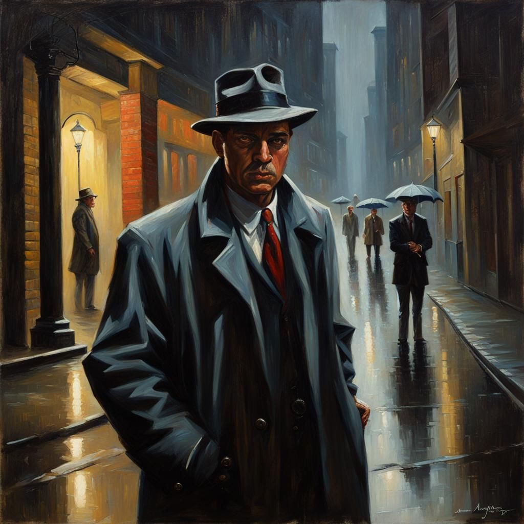 Noir Detective in Rainy Alley: Oil Painting