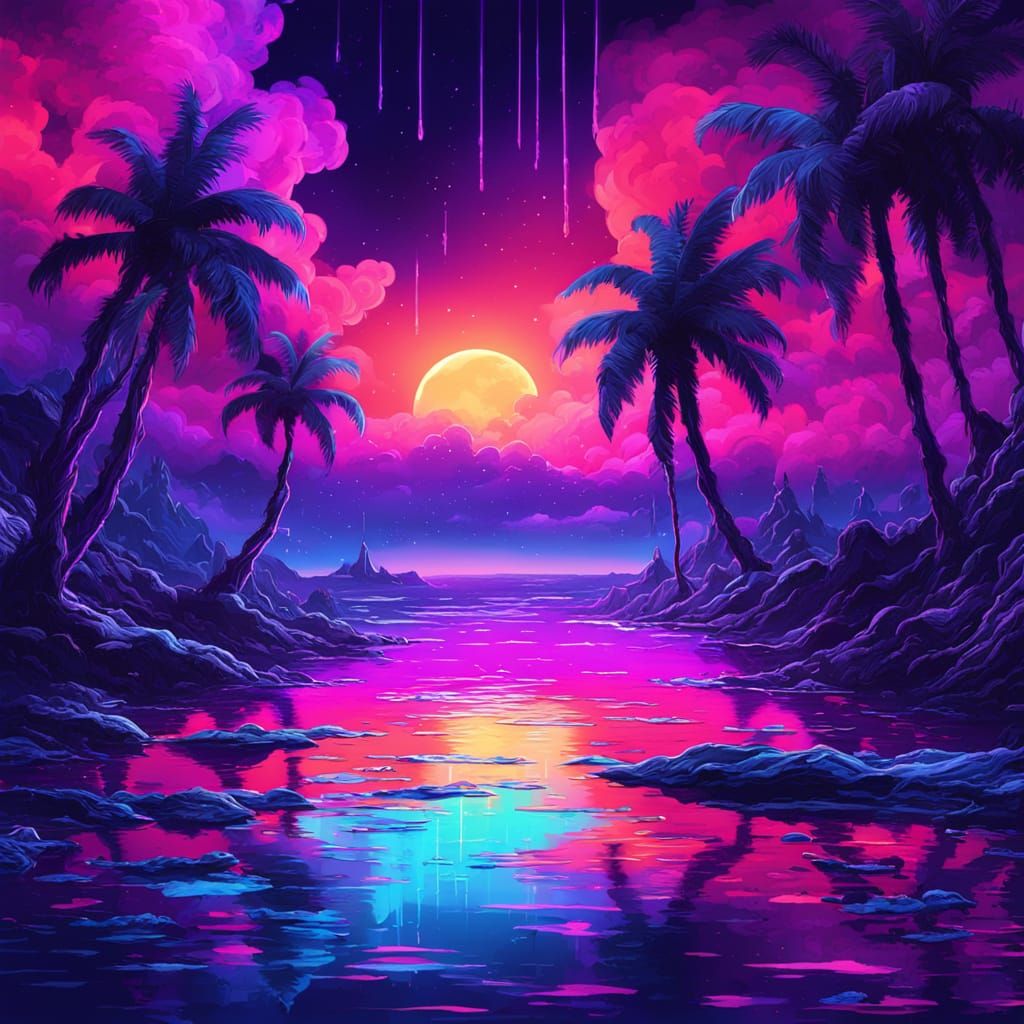 Cosmic Island at Midnight: A Vibrant Synthwave Masterpiece