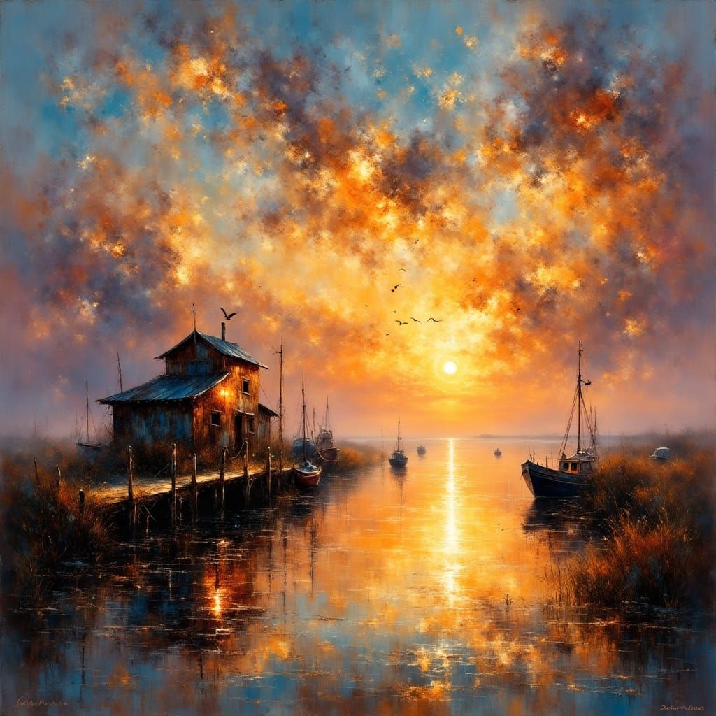 Impressionist Sunset Over Calm Bayou with Docked Boats