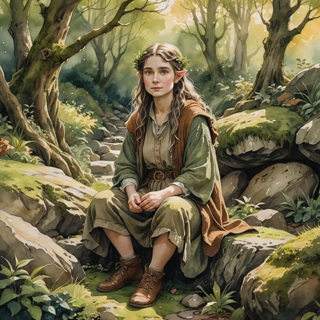 Female Hobbit in Shire, Watercolor Illustration